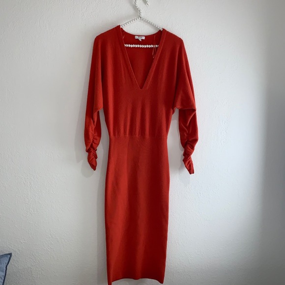 Reiss Jenna cashmere mix knit dress ruched long sleeve v neck size XS orange - Picture 14 of 16